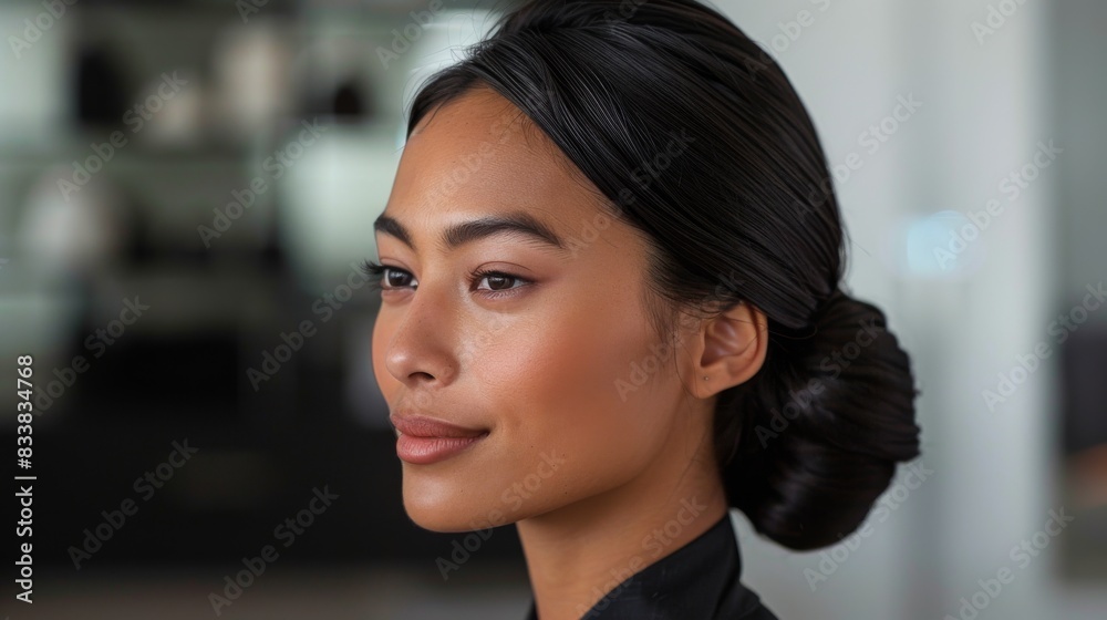Fototapeta premium Stylist creating a sleek, low bun for a sophisticated look