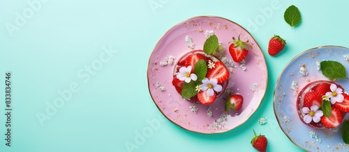 Fresh strawberries, ice, and mint on two blue plates, adorned with pink flowers. Isolated on a pink background with copy space image, captured from above.
