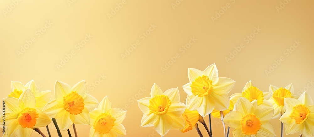 Obraz premium Artistic arrangement of lovely daffodils on a bright backdrop with copy space image.