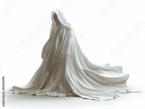 Generate a realistic image of a ghostly cloak, isolated on a white background