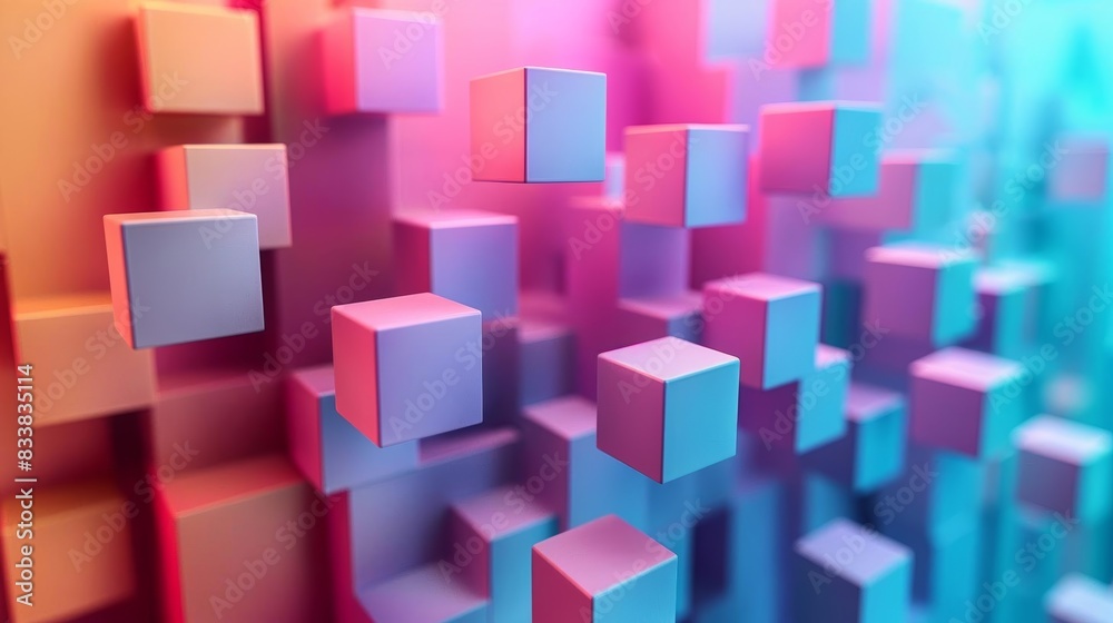 Obraz premium Visualization of a 3D abstract structure, composed of multicolor spectrum blocks that appear to float on a gentle, pastelhued background, perfect for modern art displays