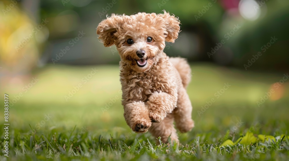 A group of playful poodles frolicking on the lush green lawn. This scene captures the joyful energy and loving nature of these beloved breeds. As they play lively on the grass A group of playful poodles frolicking on the lush green lawn. This scene captures the joyful energy and loving nature of these beloved breeds. As they play lively on the grass
