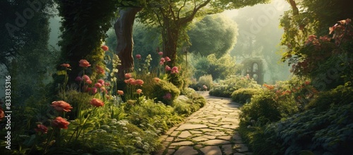 The garden is filled with lovely plants creating a serene atmosphere in the copy space image.