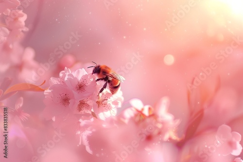 An enchanting scene of a solitary bee gracefully perched atop a delicate cherry blossom, its fuzzy body and delicate wings blending seamlessly with the soft pink petals. © Rafia