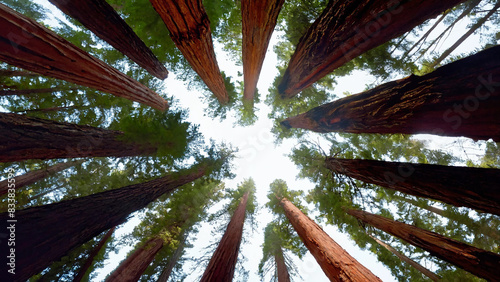 An upward view of a circle of red wood trees in the woods with copyspace, 16:9, 300dpi