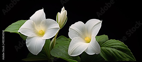 Trillium grandiflorum with double blooms in family Trilliaceae displayed in a botanic print with copy space image. photo