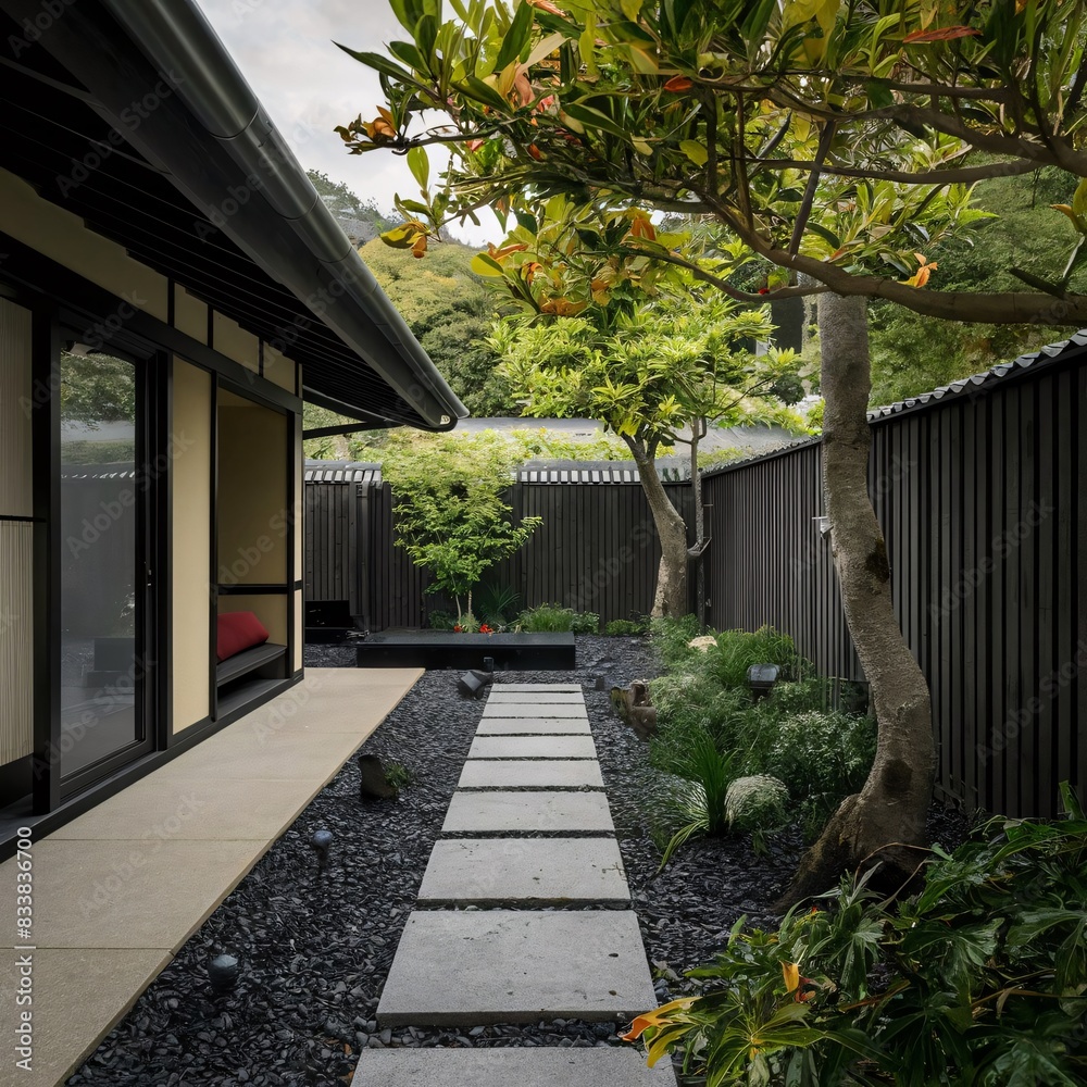 Fototapeta premium Design a minimalist black and white side garden for a townhouse in Chiang Mai, Thailand. The garden should feature a black and white stone wall, a small pond, and a few carefully placed trees.