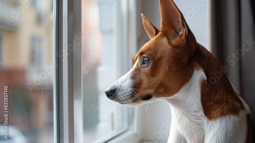 Close-up of the basenji dog looking out the window of his apartment © Olga