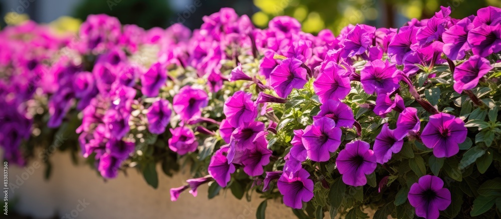 Vivid purple petunias in full bloom enhance spring flowerbeds with their beauty, creating an appealing copy space image. Vivid purple petunias in full bloom enhance spring flowerbeds with their beauty, creating an appealing copy space image.