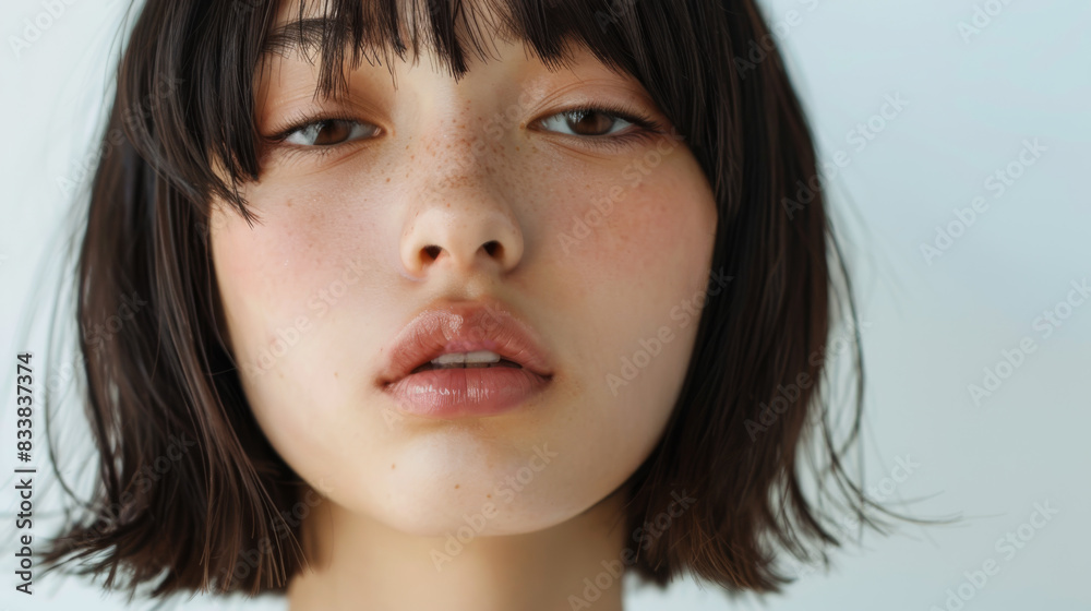 Closeup of a cute teenage girl with short dark hair and brown eyes looking directly at the camera. Studio portrait with a white backdrop.