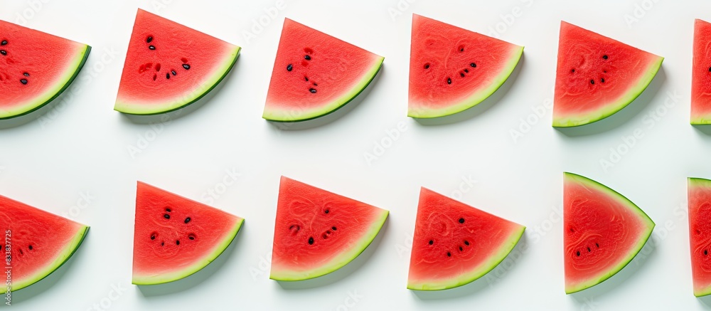 Ripe watermelon slices with copy space image on a white backdrop. Ripe watermelon slices with copy space image on a white backdrop.