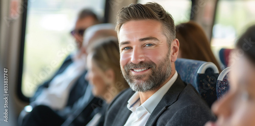 Photo of a handsome man in his late thirties with short brown hair and beard wearing a business suit sitting on a train, smiling at the camera while looking out the window