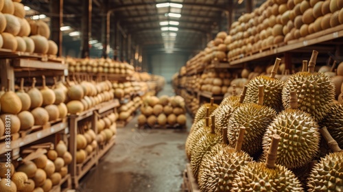 High-quality image of durians stacked in a warehouse, ready for export