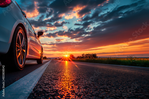 Panoramic view of the car on the asphalt highway on sunset time.