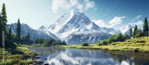 During summer, a scenic photograph of a snow-capped mountain with a reflection in a river is showcased in the copy space image.