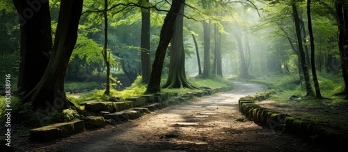 The pathway amidst the forest, with ample copy space image.