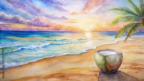 Coconut milk at sunset on tropical beach watercolor , tropical, coconut, milk, sunset, beach, watercolor, serene, peaceful, tranquil, nature, tropical drink, refreshing, relaxation