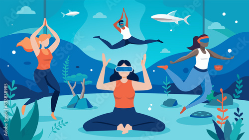 An outdoor aerial yoga class using VR to take participants on a virtual journey to the depths of the ocean as they practice aerial poses amidst. Vector illustration