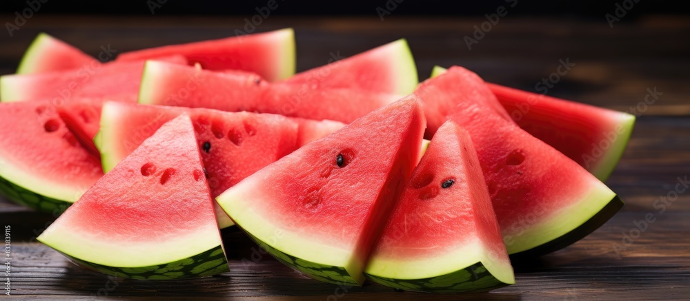Watermelon slices displayed on a plain white backdrop with ample copy space image available.