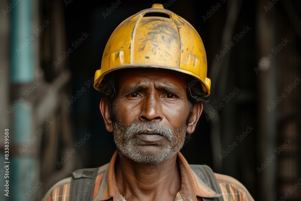 Close-up of an experienced construction worker with a yellow hard hat and stern expression