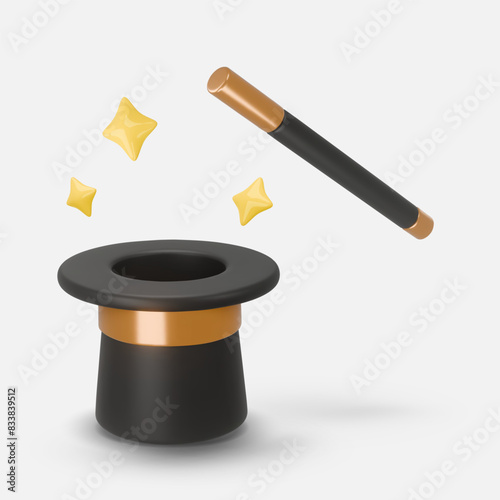 3d rendering illustration of a Cylinder magic hat with golden ribbon and fairytale wand with a yellow, golden stars around. Vintage man fashion and magic show concept. Vector art isolated on white