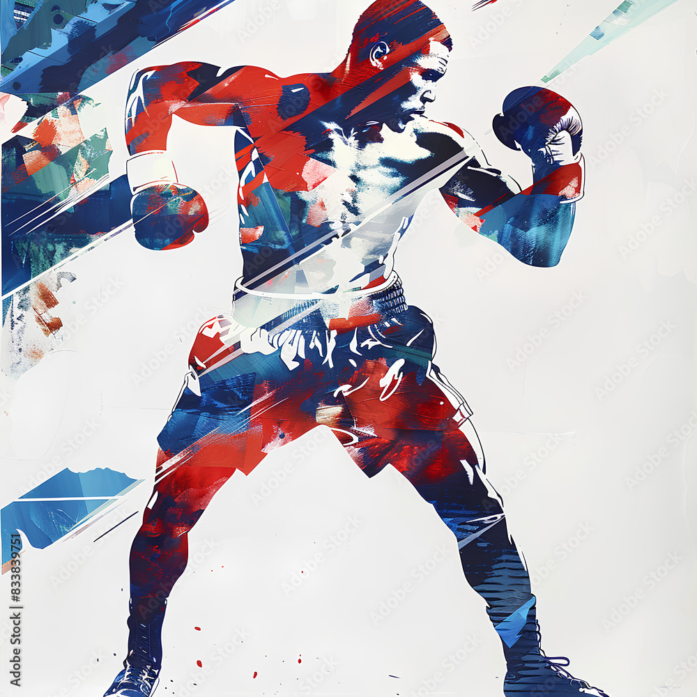 Abstract Boxer in Fighting Stance, Red and Blue Colors, Intense Background Abstract Boxer in Fighting Stance, Red and Blue Colors, Intense Background
