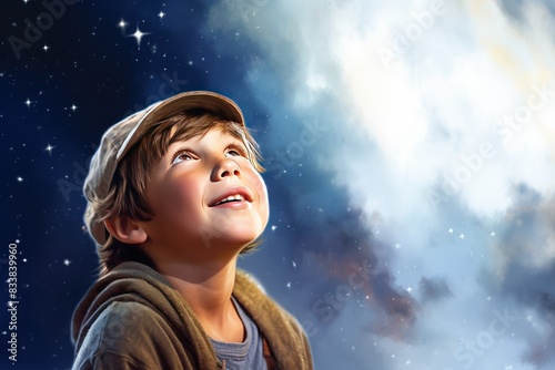 A child gazing up at the stars with a look of wonder and excitement