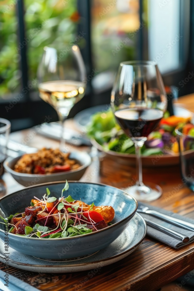 Elegant Dining Table with Food, Wine, and Salad Elegant Dining Table with Food, Wine, and Salad