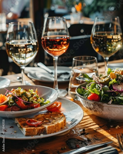 Elegant Dining Table with Food, Wine, and Salad