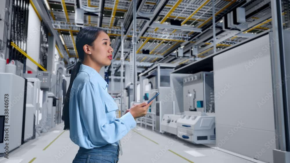 Side View Of An Asian Female Professional Worker Standing at Factory Digitalization for Innovative Project, Observes By Looking Up Then She Come To Concentrating On The Phone And Keep On Checking Side View Of An Asian Female Professional Worker Standing at Factory Digitalization for Innovative Project, Observes By Looking Up Then She Come To Concentrating On The Phone And Keep On Checking