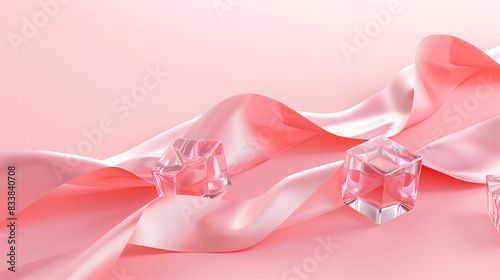 Pink Wallpaper with Glass Waves and Crystal Cubes