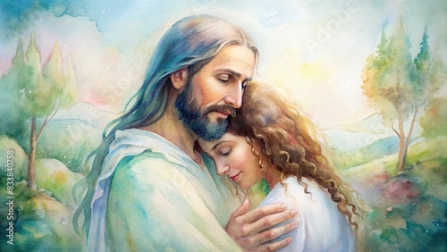 Watercolor painting of Jesus Christ embracing with a hug, in a peaceful and serene setting, watercolor, painting, Jesus Christ, embrace, hug, peaceful, serene, Christian, religion, spirituality photo