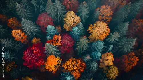 A tranquil forest displaying trees in different autumnal phases where most are orange while a few remain green creating a peaceful and serene natural landscape