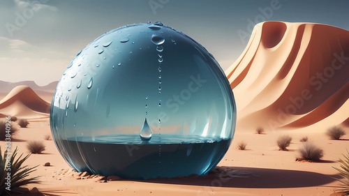 a water shop in the middle of the desert, abstract style, styled as a giant water droplet,рядом стоит космонавт с головой рыбы photo