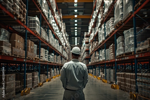 Professional male warehouse manager overseeing inventory and supervising workers in a hard hat, ensuring safety and efficiency in the industrial workplace photo