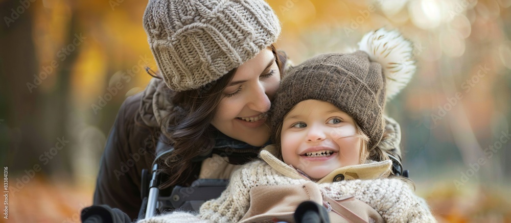 Obraz premium Young mother with a small daughter in autumn nature at sunset on blur background.