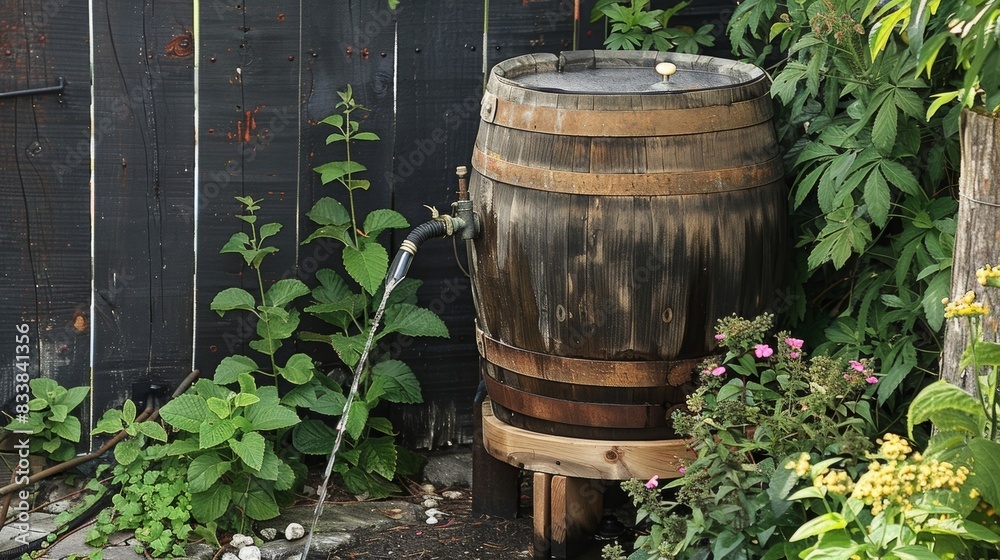 Fototapeta premium A barrel rests on a wooden stand with a hose attached to the spigot for easy access to collected rainwater.