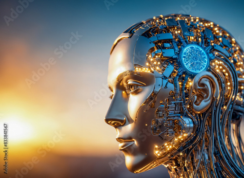 A close-up view of a futuristic AI robot head with intricate glowing circuits, set against a beautiful sunset background.