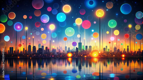 At dusk, the bustling cityscape is decorated with colorful glowing orbs that float in the sky and reflect off the calm waters. The multitude of colors and lights create a dreamlike atmosphere.AI gener