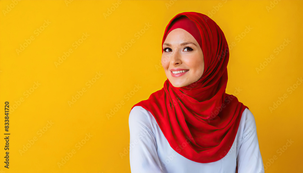 Muslim woman in red hijab against yellow background Muslim woman in red hijab against yellow background