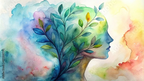 Head silhouette with watercolor plant growing out of it representing mental health and growth , mental health, plant, growth, concept,watercolor, mental wellness, wellbeing, nature, mind photo
