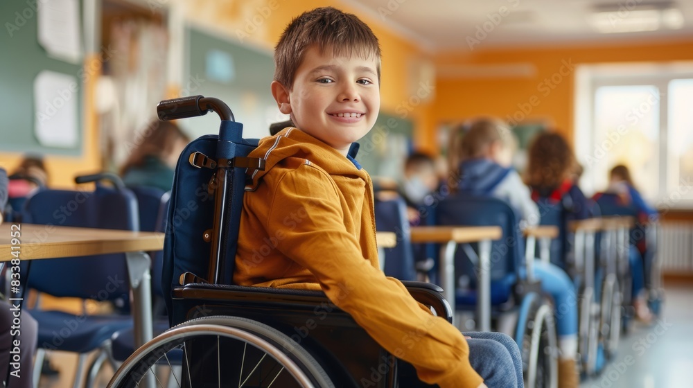 happy smiling diversity disabled handicapped young student in his wheelchair in the school room, 16:9 happy smiling diversity disabled handicapped young student in his wheelchair in the school room, 16:9
