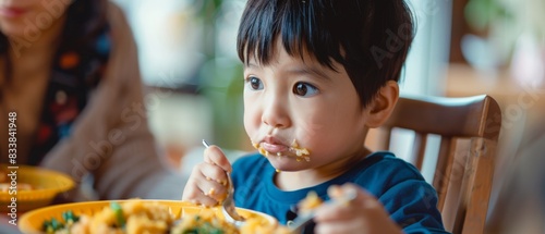 A toddler boy eats a bowl of food while his mother looks on. photo