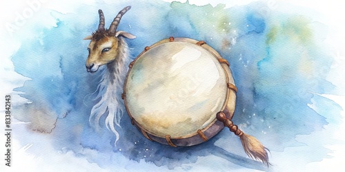 Handmade native American style shaman frame drum with goat skin cover and beater, isolated on white watercolor background, handmade, native American, shaman, drum, frame drum, goat skin photo