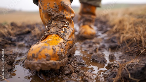 Close-up of muddy yellow boots walking through a muddy field, emphasizing outdoor adventure and rainy weather conditions. photo