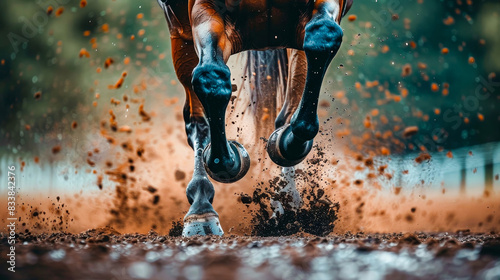 Close-up shot capturing the dynamic motion of a horse's hooves hitting the muddy ground, conveying speed and energy in an outdoor setting. photo