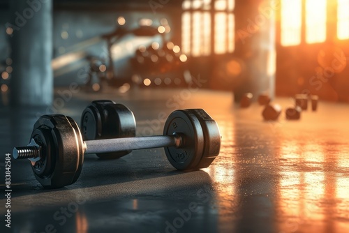 Warm evening light bathes gym interior with weights ready for workout photo