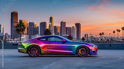 1. A sleek, luxurious car with a rainbow paint job parked in front of a modern cityscape, showcasing vibrant Pride Month colors and symbols