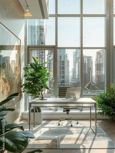 A photograph of an architectdesigned modern office, spacious, with large windows, near a cityscape Glass and steel desk, ergonomic chairs, sleek, white and gray color palette, highlighted by vibrant g photo