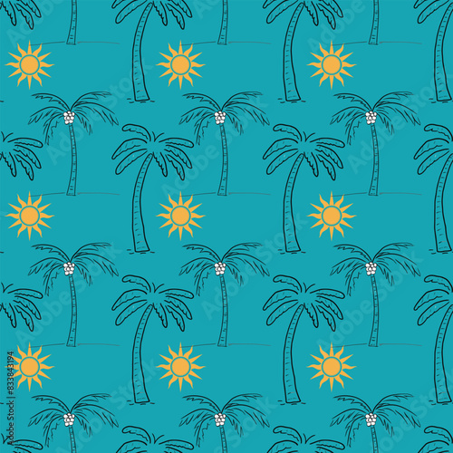 Summer Sun Palm Trees Seamless Vector Pattern Design © ZOCOAYA